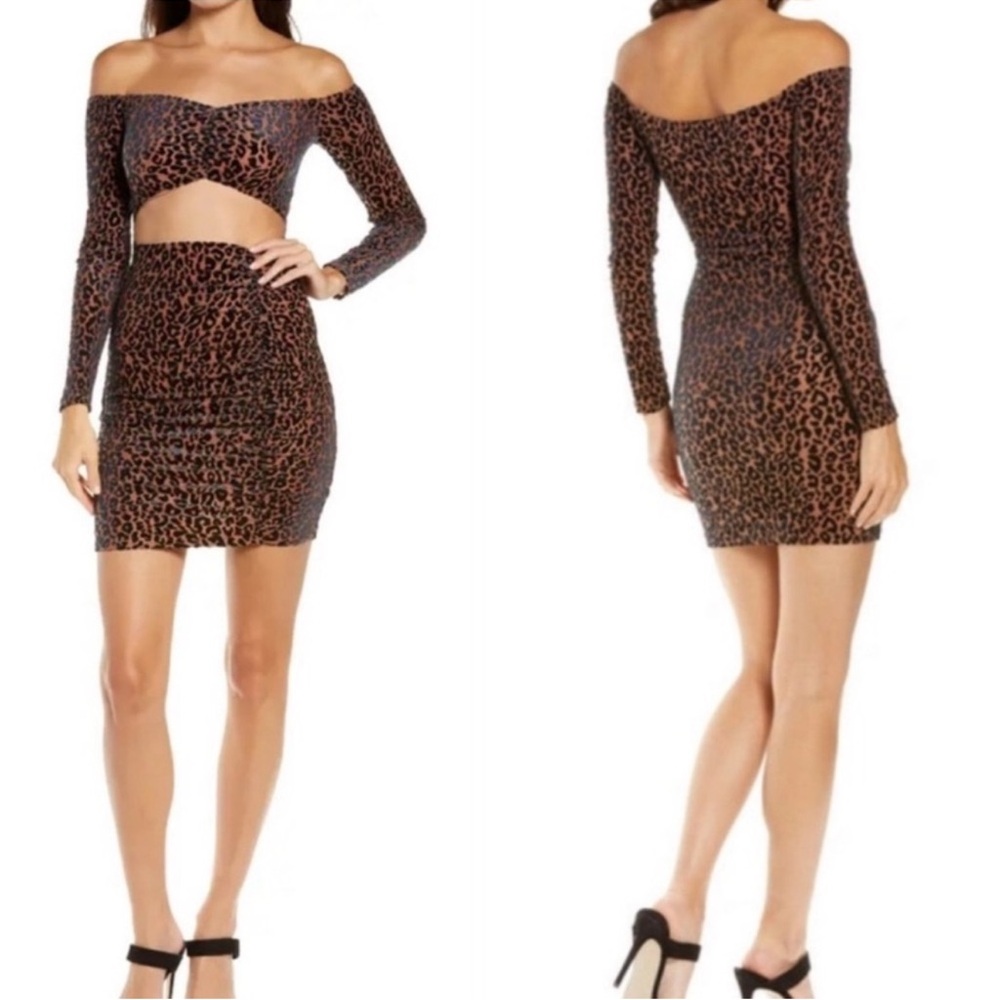 Leopard Velvet & Mesh Burn Out Off Shoulder Dress